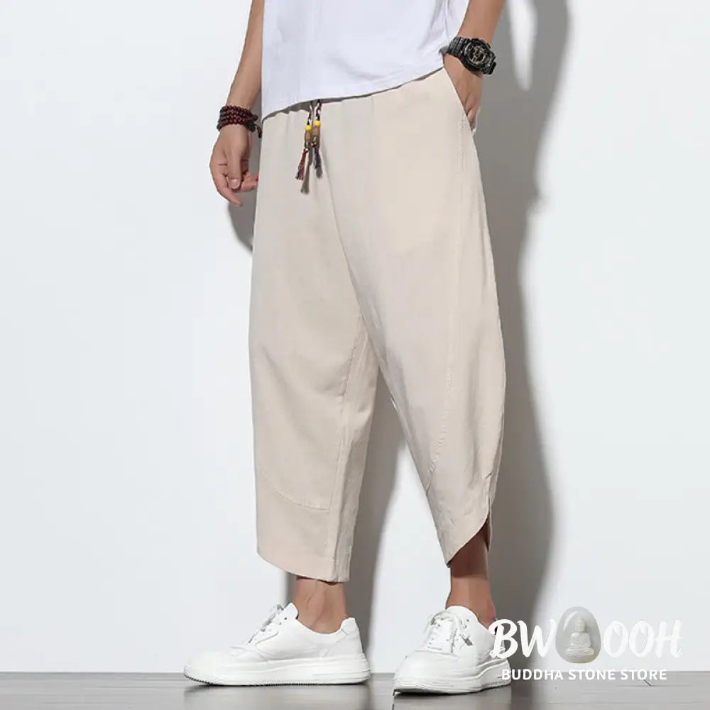 Buddha Stones Casual Summer Drawstring 7-8 Length Linen Men’s Harem Pants With Pockets - Men’s Tapered Pants