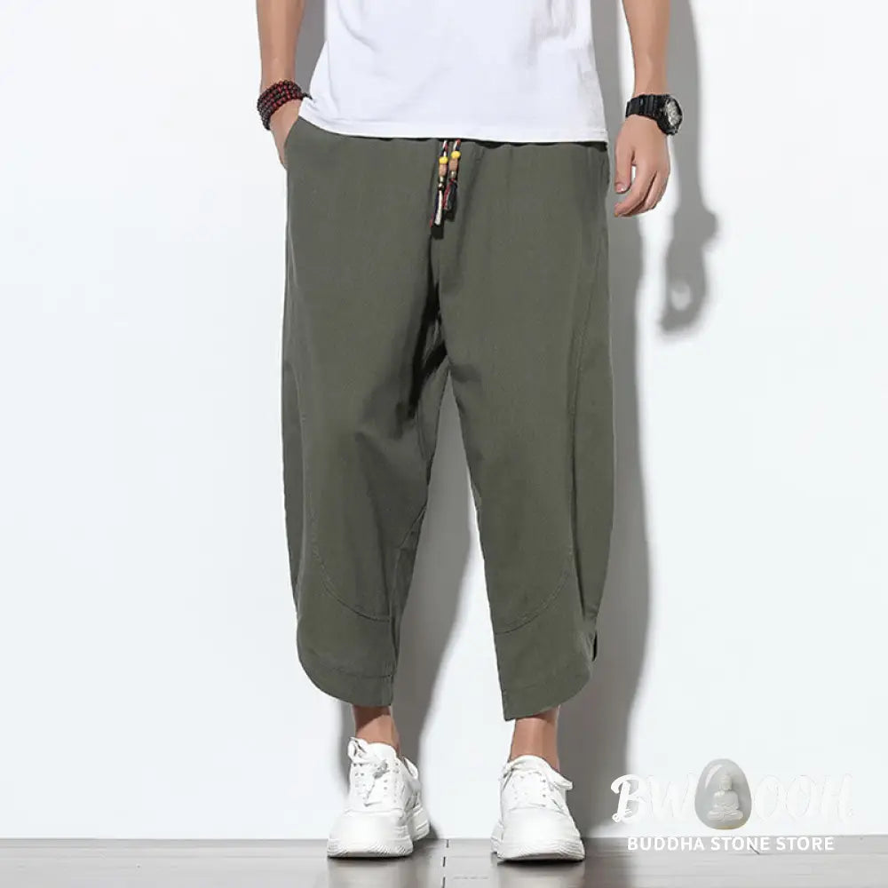 Buddha Stones Casual Summer Drawstring 7-8 Length Linen Men’s Harem Pants With Pockets - Men’s Tapered Pants