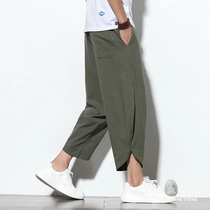 Buddha Stones Casual Summer Drawstring 7-8 Length Linen Men’s Harem Pants With Pockets - Men’s Tapered Pants