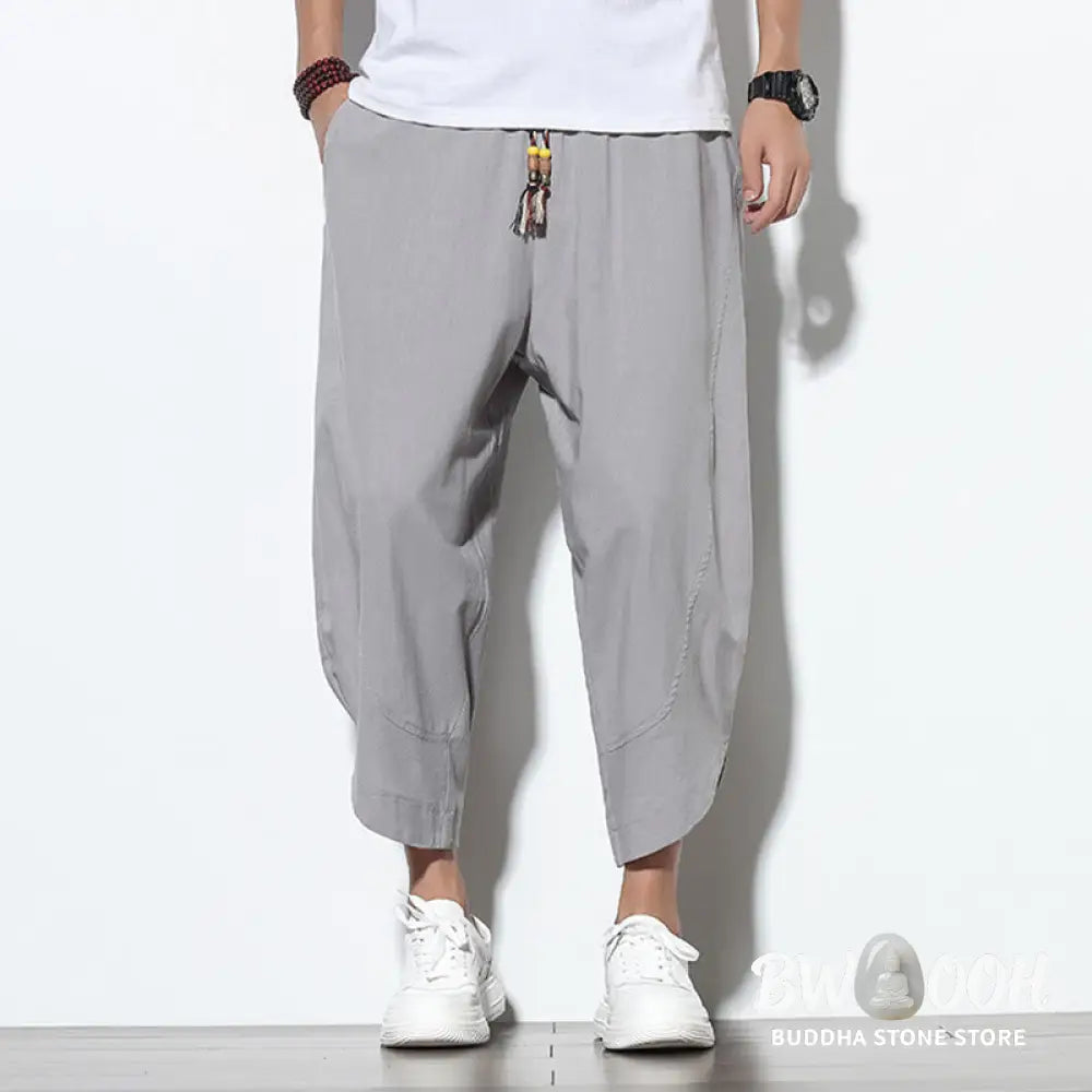 Buddha Stones Casual Summer Drawstring 7-8 Length Linen Men’s Harem Pants With Pockets - Men’s Tapered Pants