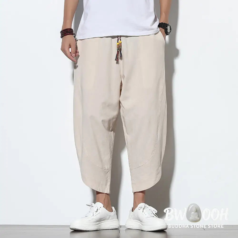 Buddha Stones Casual Summer Drawstring 7-8 Length Linen Men’s Harem Pants With Pockets - Men’s Tapered Pants