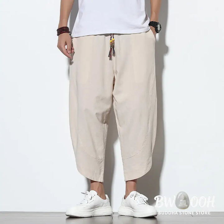 Buddha Stones Casual Summer Drawstring 7-8 Length Linen Men’s Harem Pants With Pockets - Men’s Tapered Pants