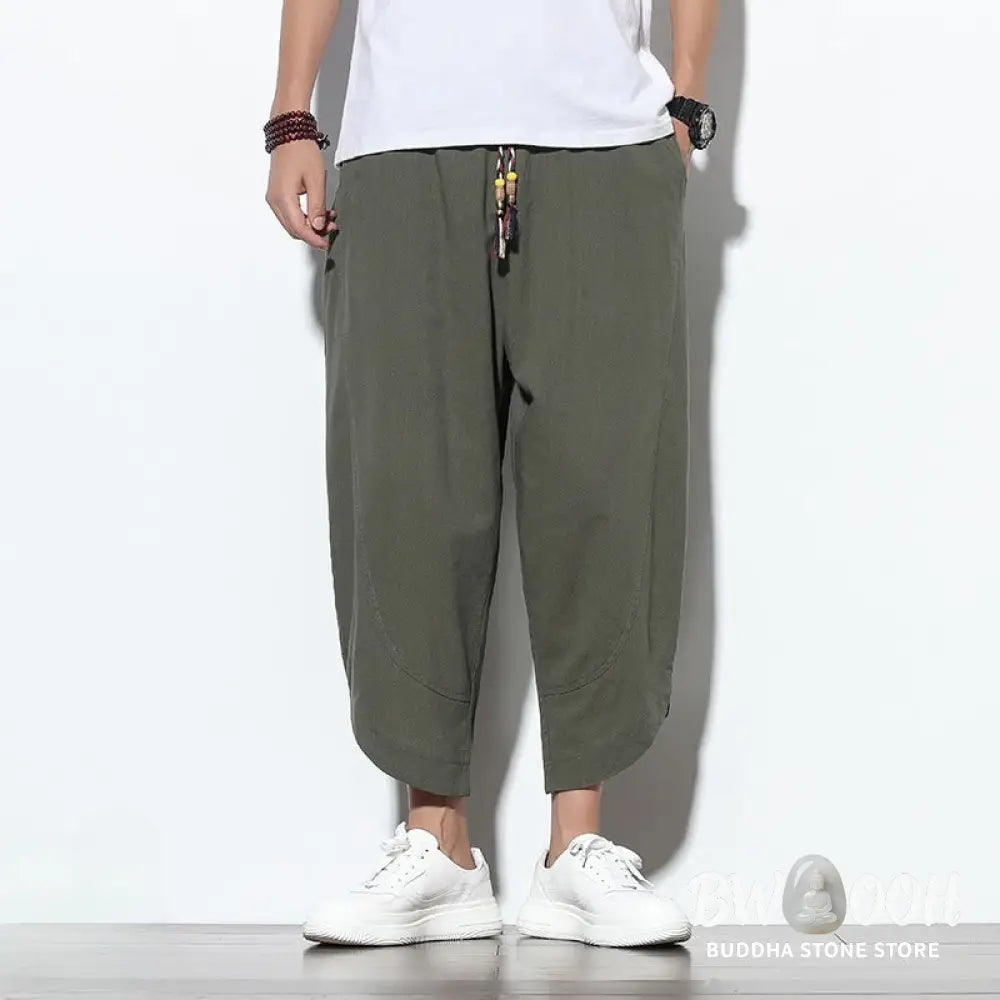 Buddha Stones Casual Summer Drawstring 7-8 Length Linen Men’s Harem Pants With Pockets - Men’s Tapered Pants