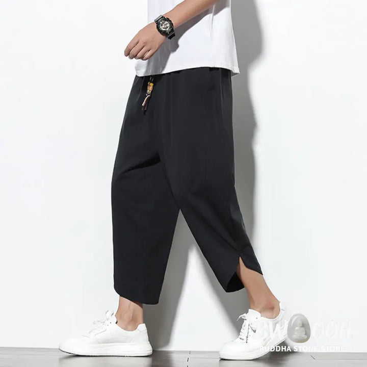 Buddha Stones Casual Summer Drawstring 7-8 Length Linen Men’s Harem Pants With Pockets - Men’s Tapered Pants