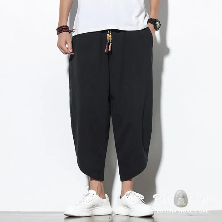 Buddha Stones Casual Summer Drawstring 7-8 Length Linen Men’s Harem Pants With Pockets - Men’s Tapered Pants