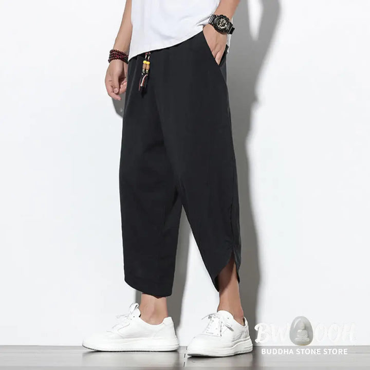 Buddha Stones Casual Summer Drawstring 7-8 Length Linen Men’s Harem Pants With Pockets - Men’s Tapered Pants