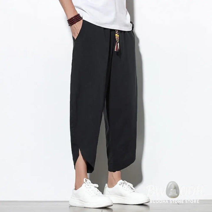 Buddha Stones Casual Summer Drawstring 7-8 Length Linen Men’s Harem Pants With Pockets - Men’s Tapered Pants