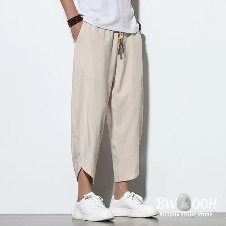 Buddha Stones Casual Summer Drawstring 7-8 Length Linen Men’s Harem Pants With Pockets - Men’s Tapered Pants