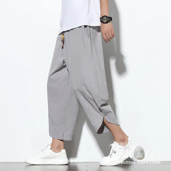 Buddha Stones Casual Summer Drawstring 7-8 Length Linen Men’s Harem Pants With Pockets - Men’s Tapered Pants