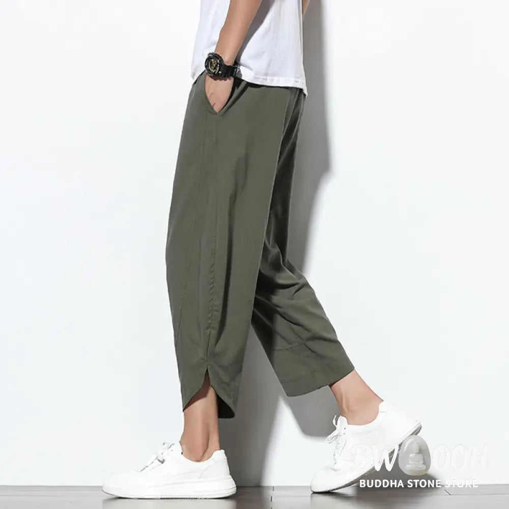 Buddha Stones Casual Summer Drawstring 7-8 Length Linen Men’s Harem Pants With Pockets - Men’s Tapered Pants