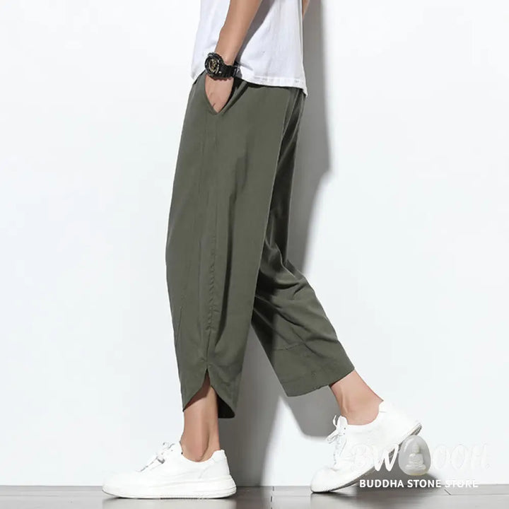 Buddha Stones Casual Summer Drawstring 7-8 Length Linen Men’s Harem Pants With Pockets - Men’s Tapered Pants