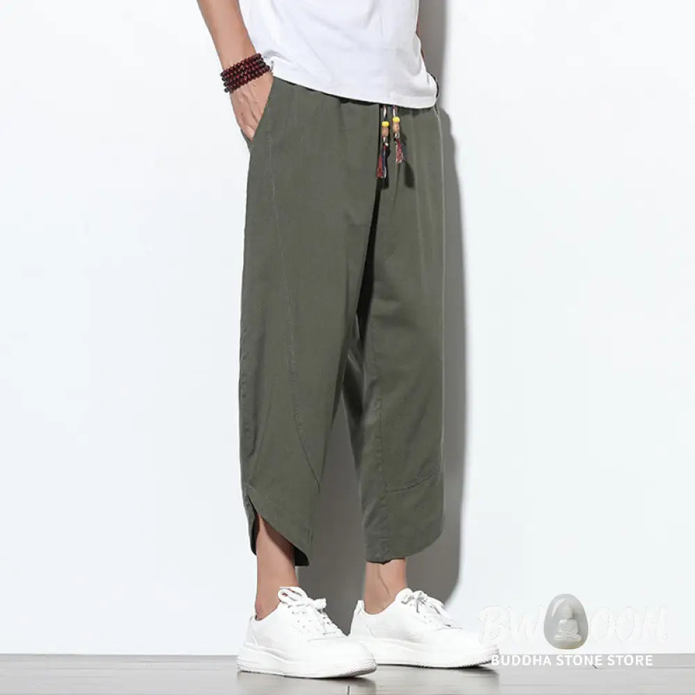 Buddha Stones Casual Summer Drawstring 7-8 Length Linen Men’s Harem Pants With Pockets - Men’s Tapered Pants