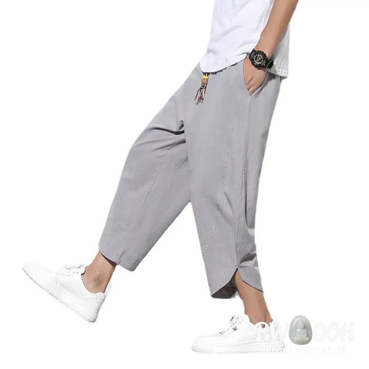 Buddha Stones Casual Summer Drawstring 7-8 Length Linen Men’s Harem Pants With Pockets - Men’s Tapered Pants
