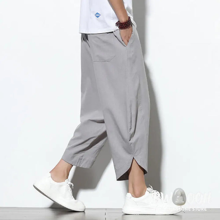 Buddha Stones Casual Summer Drawstring 7-8 Length Linen Men’s Harem Pants With Pockets - Men’s Tapered Pants