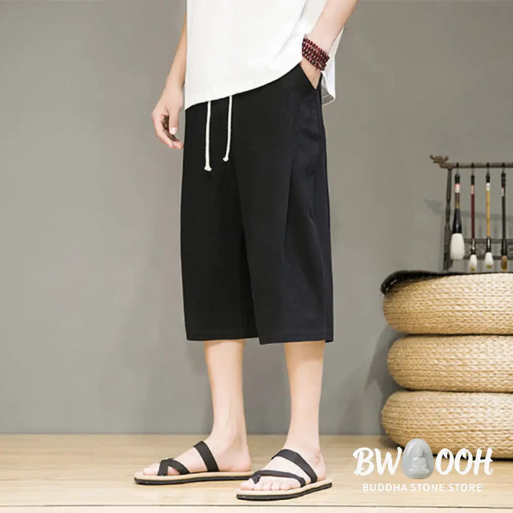 Buddha Stones Casual Summer Drawstring Solid Color Cropped Cotton Linen Men’s Harem Pants With Pockets - Men’s Harem