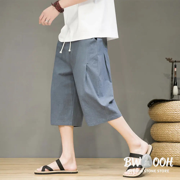 Buddha Stones Casual Summer Drawstring Solid Color Cropped Cotton Linen Men’s Harem Pants With Pockets - Men’s Harem