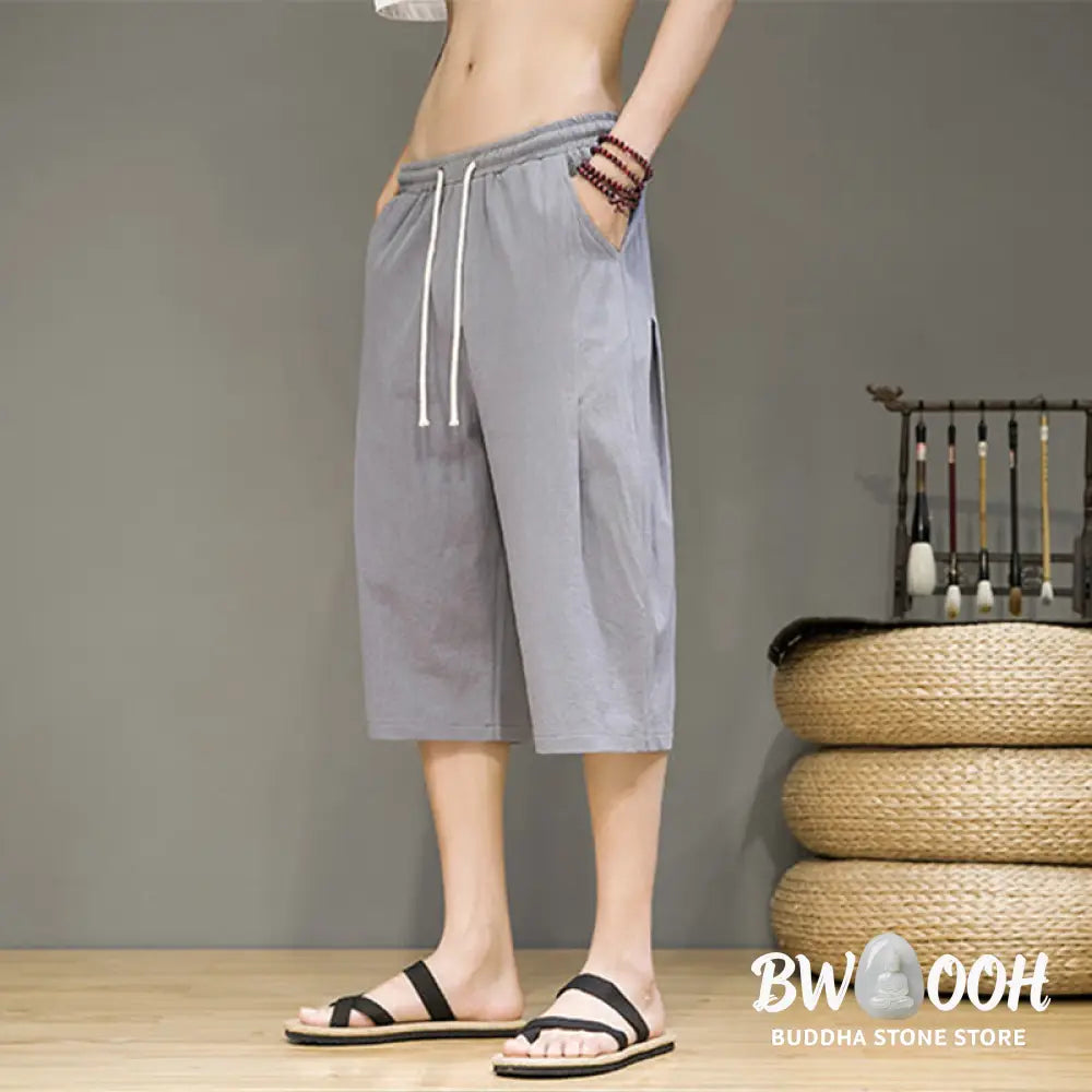 Buddha Stones Casual Summer Drawstring Solid Color Cropped Cotton Linen Men’s Harem Pants With Pockets - Men’s Harem