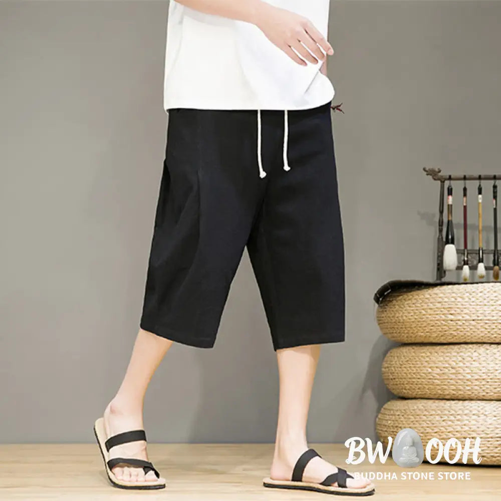 Buddha Stones Casual Summer Drawstring Solid Color Cropped Cotton Linen Men’s Harem Pants With Pockets - Men’s Harem