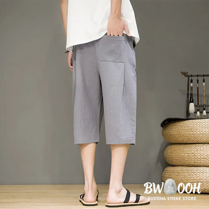 Buddha Stones Casual Summer Drawstring Solid Color Cropped Cotton Linen Men’s Harem Pants With Pockets - Men’s Harem