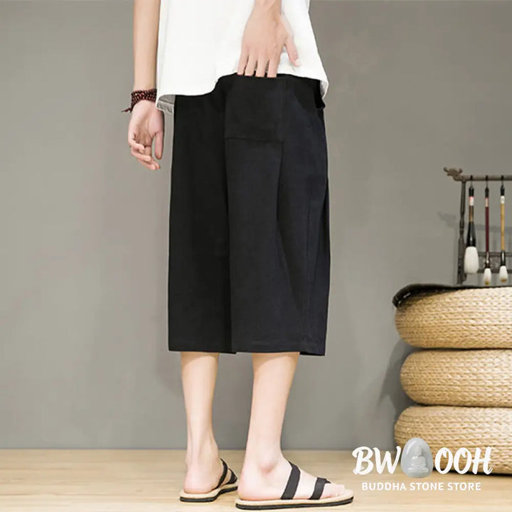 Buddha Stones Casual Summer Drawstring Solid Color Cropped Cotton Linen Men’s Harem Pants With Pockets - Men’s Harem