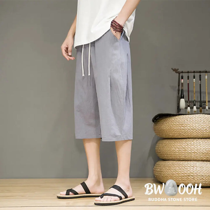 Buddha Stones Casual Summer Drawstring Solid Color Cropped Cotton Linen Men’s Harem Pants With Pockets - Men’s Harem