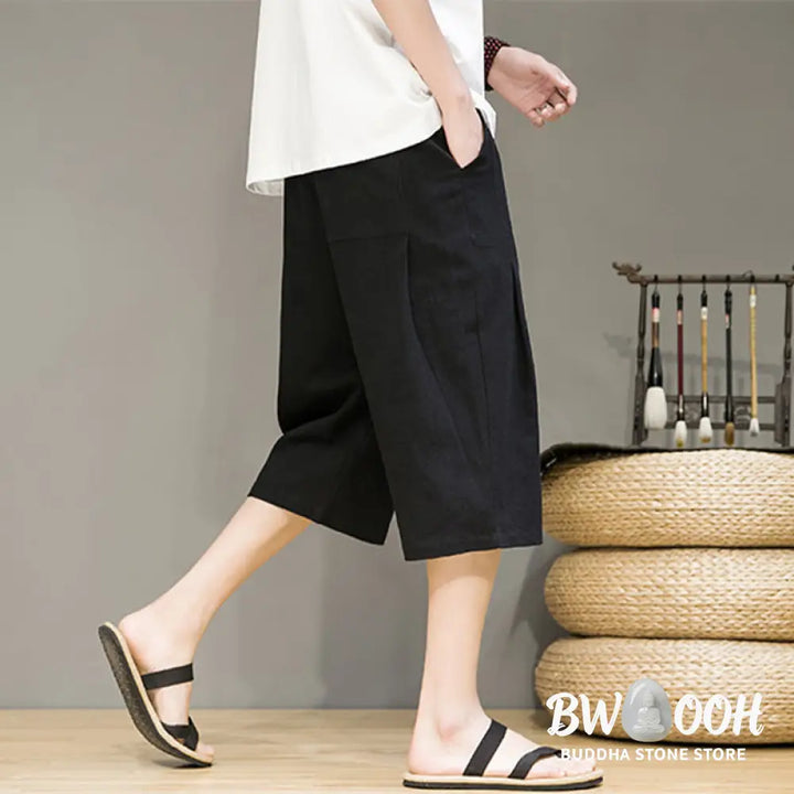 Buddha Stones Casual Summer Drawstring Solid Color Cropped Cotton Linen Men’s Harem Pants With Pockets - Men’s Harem