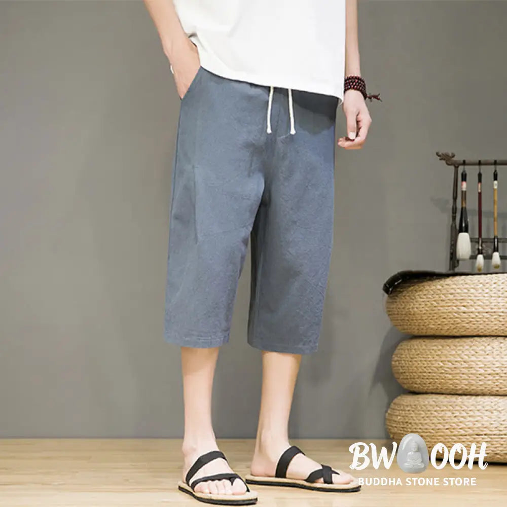 Buddha Stones Casual Summer Drawstring Solid Color Cropped Cotton Linen Men’s Harem Pants With Pockets - Men’s Harem