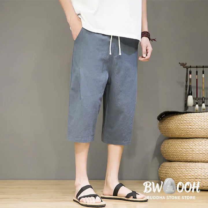 Buddha Stones Casual Summer Drawstring Solid Color Cropped Cotton Linen Men’s Harem Pants With Pockets - Men’s Harem