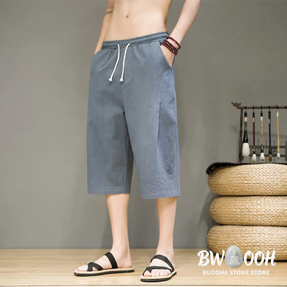 Buddha Stones Casual Summer Drawstring Solid Color Cropped Cotton Linen Men’s Harem Pants With Pockets - Men’s Harem