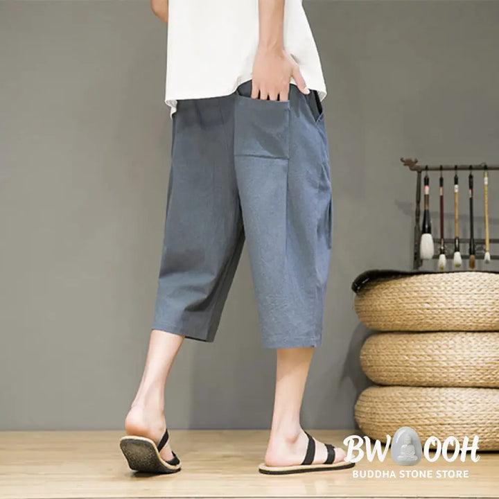 Buddha Stones Casual Summer Drawstring Solid Color Cropped Cotton Linen Men’s Harem Pants With Pockets - Men’s Harem