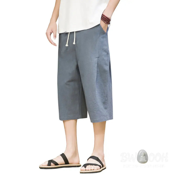 Buddha Stones Casual Summer Drawstring Solid Color Cropped Cotton Linen Men’s Harem Pants With Pockets - Men’s Harem