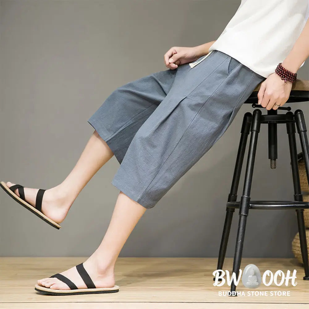Buddha Stones Casual Summer Drawstring Solid Color Cropped Cotton Linen Men’s Harem Pants With Pockets - Men’s Harem