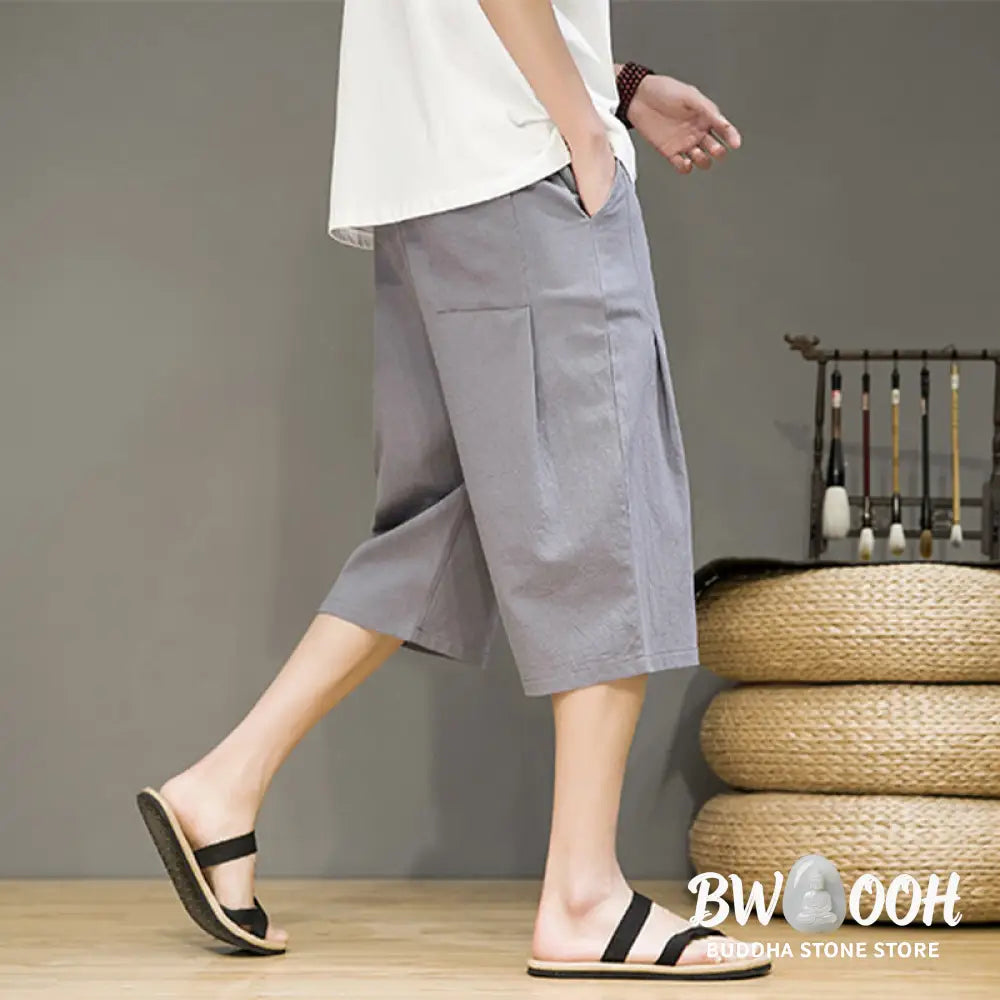 Buddha Stones Casual Summer Drawstring Solid Color Cropped Cotton Linen Men’s Harem Pants With Pockets - Men’s Harem