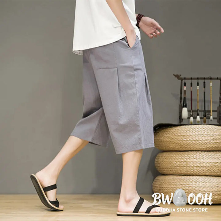 Buddha Stones Casual Summer Drawstring Solid Color Cropped Cotton Linen Men’s Harem Pants With Pockets - Men’s Harem