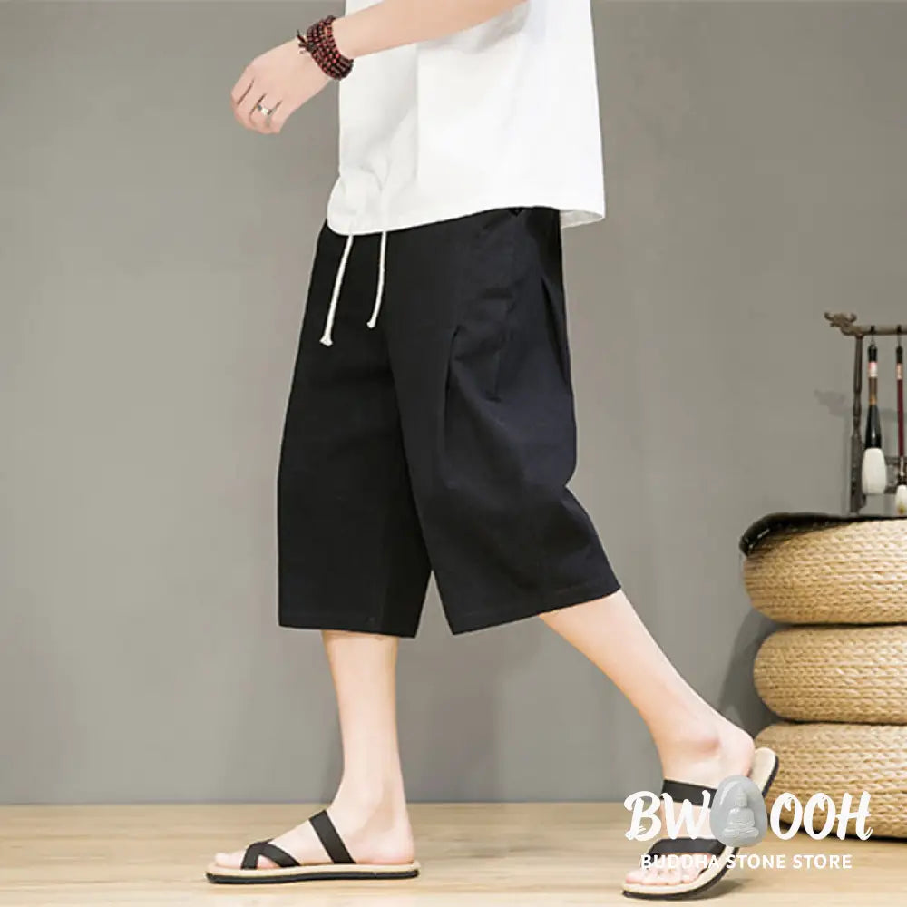 Buddha Stones Casual Summer Drawstring Solid Color Cropped Cotton Linen Men’s Harem Pants With Pockets - Men’s Harem
