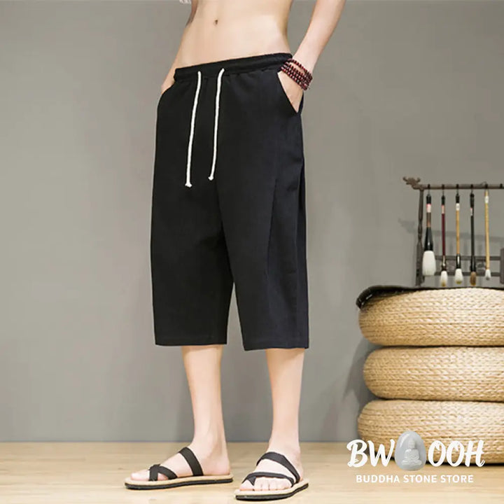 Buddha Stones Casual Summer Drawstring Solid Color Cropped Cotton Linen Men’s Harem Pants With Pockets - Men’s Harem
