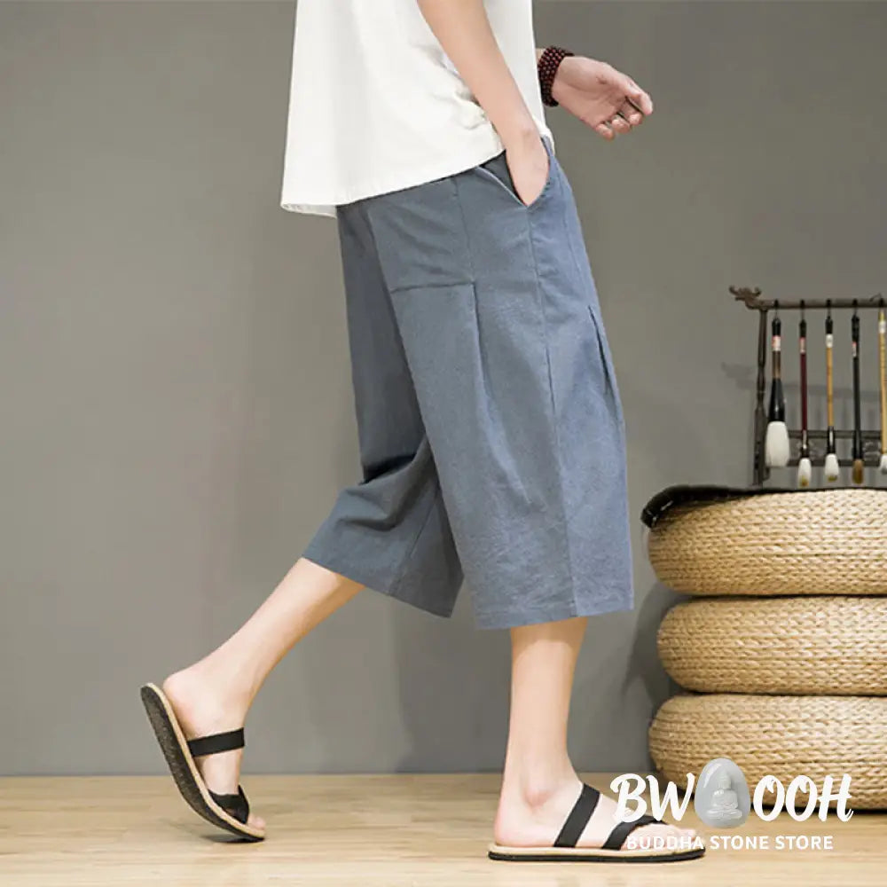 Buddha Stones Casual Summer Drawstring Solid Color Cropped Cotton Linen Men’s Harem Pants With Pockets - Men’s Harem
