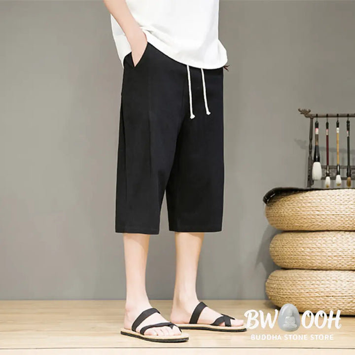 Buddha Stones Casual Summer Drawstring Solid Color Cropped Cotton Linen Men’s Harem Pants With Pockets - Men’s Harem