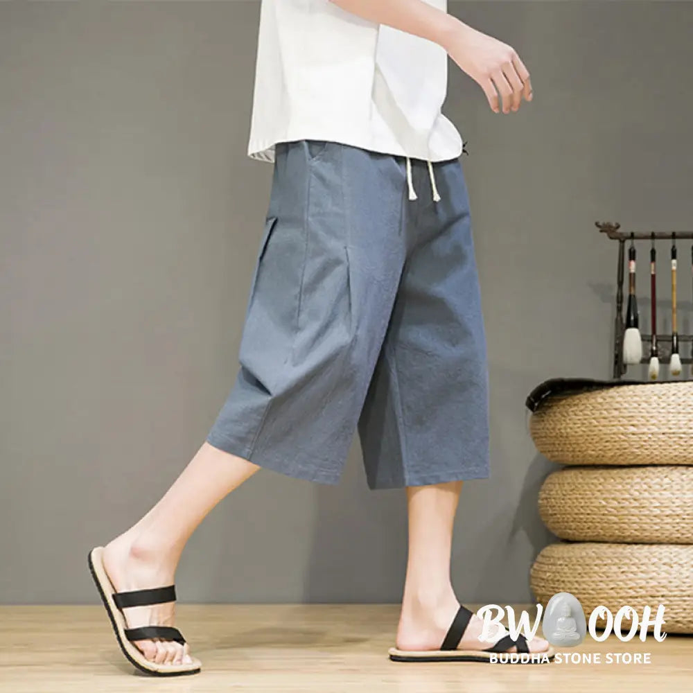 Buddha Stones Casual Summer Drawstring Solid Color Cropped Cotton Linen Men’s Harem Pants With Pockets - Men’s Harem