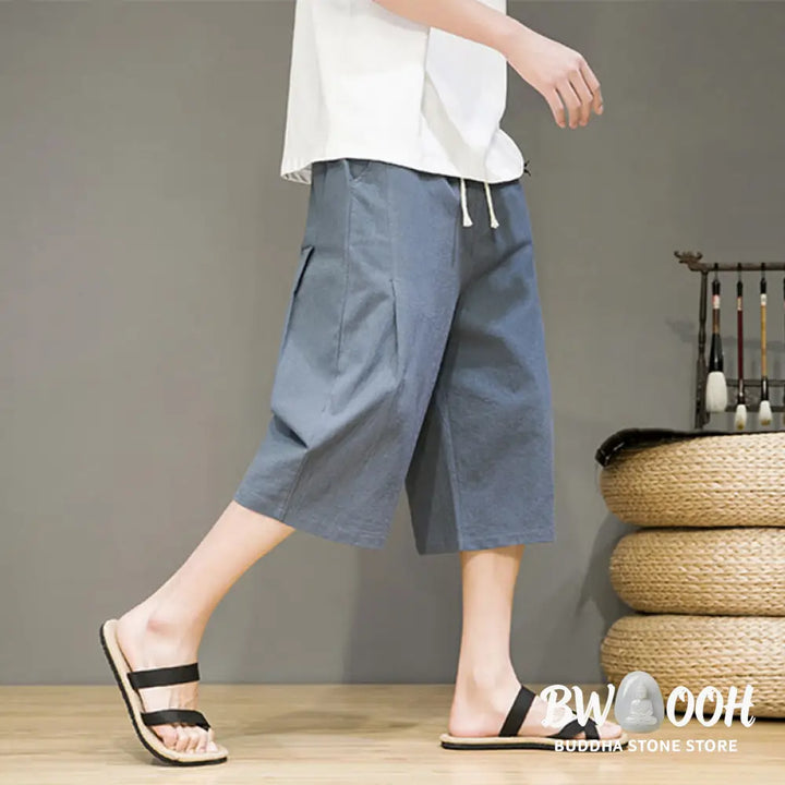 Buddha Stones Casual Summer Drawstring Solid Color Cropped Cotton Linen Men’s Harem Pants With Pockets - Men’s Harem