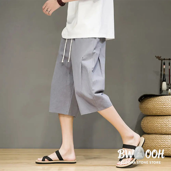 Buddha Stones Casual Summer Drawstring Solid Color Cropped Cotton Linen Men’s Harem Pants With Pockets - Men’s Harem