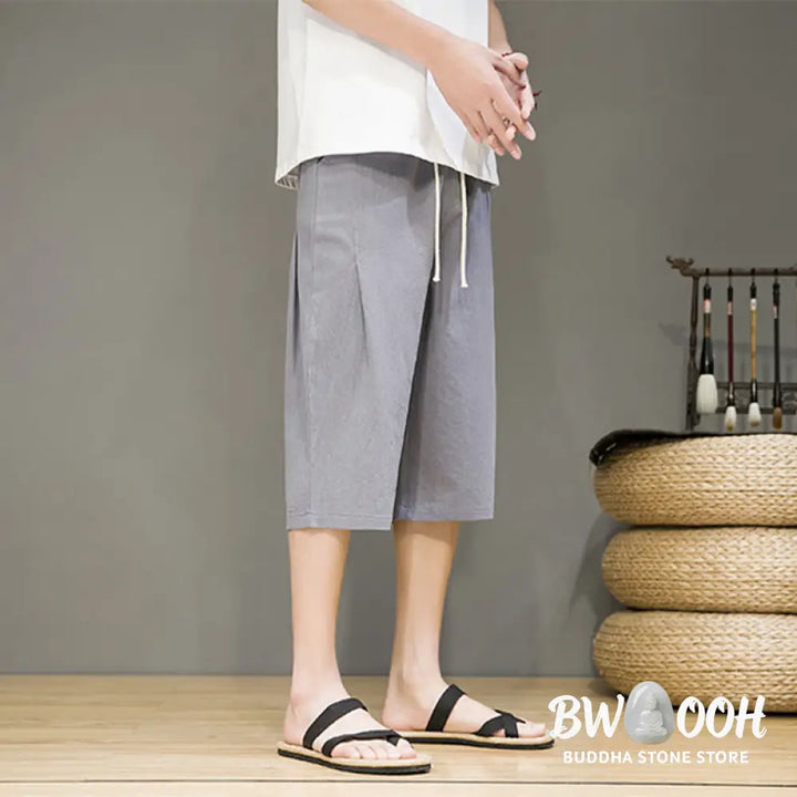 Buddha Stones Casual Summer Drawstring Solid Color Cropped Cotton Linen Men’s Harem Pants With Pockets - Men’s Harem