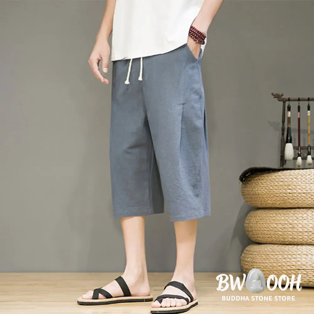 Buddha Stones Casual Summer Drawstring Solid Color Cropped Cotton Linen Men’s Harem Pants With Pockets - Men’s Harem