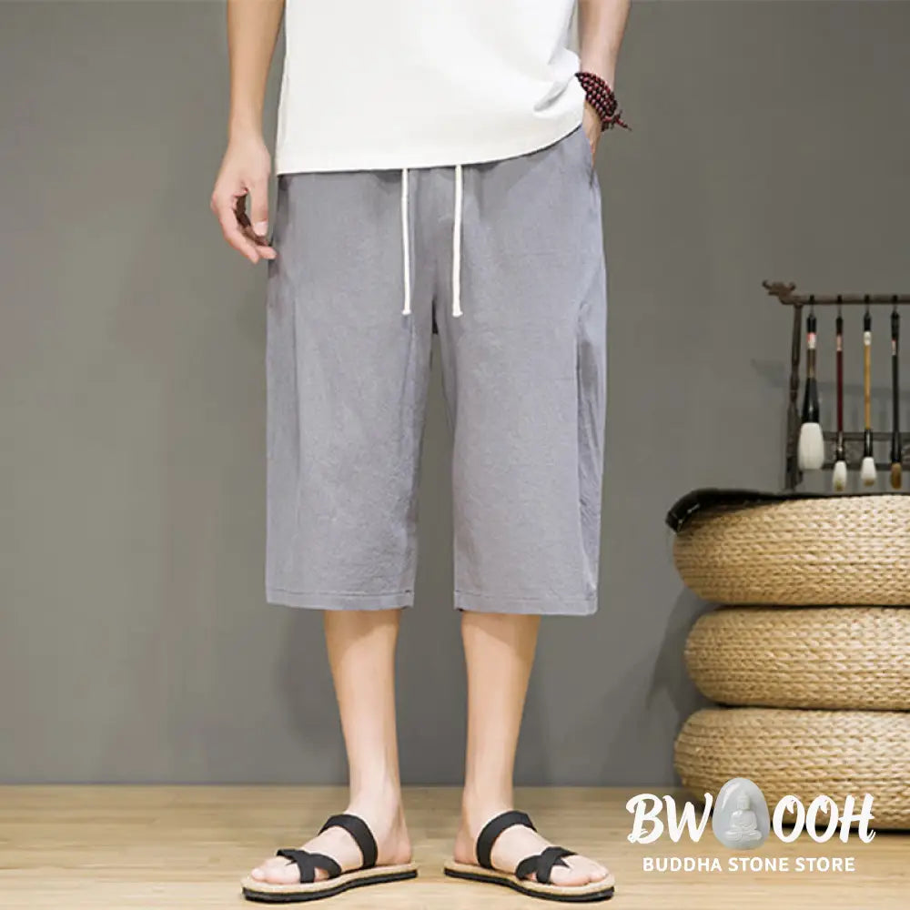 Buddha Stones Casual Summer Drawstring Solid Color Cropped Cotton Linen Men’s Harem Pants With Pockets - Men’s Harem