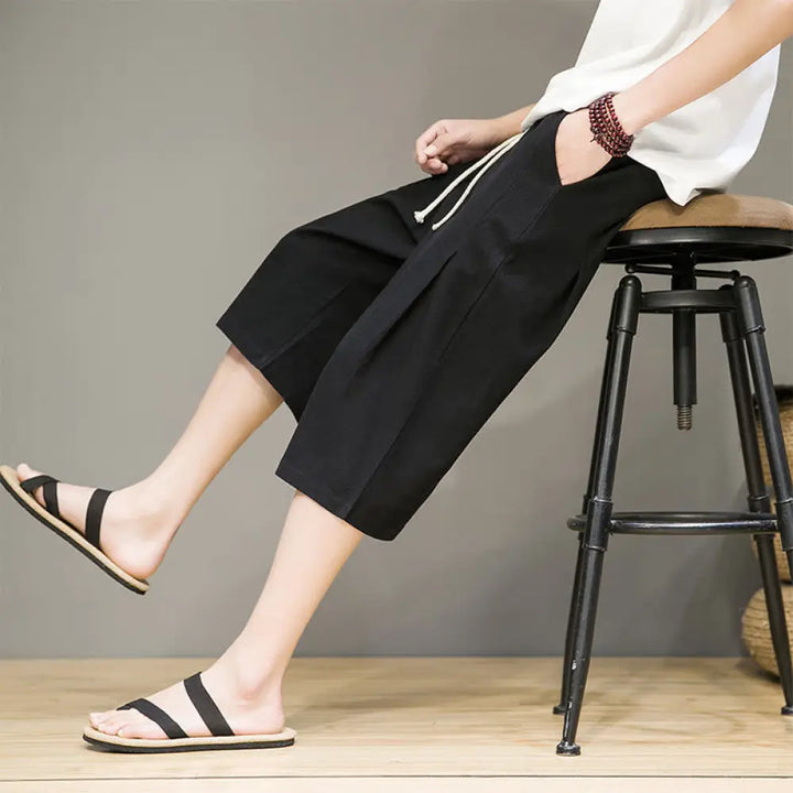 Buddha Stones Casual Summer Drawstring Solid Color Cropped Cotton Linen Men’s Harem Pants With Pockets - Black
