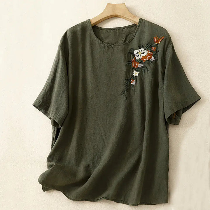 Buddha Stones Casual Summer Embroidered Crew Neck Women’s Cotton Short Sleeve T-shirt - DarkOliveGreen
