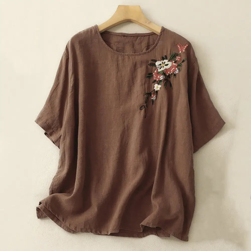 Buddha Stones Casual Summer Embroidered Crew Neck Women’s Cotton Short Sleeve T-shirt - SaddleBrown / US6，UK/AU10，EU38
