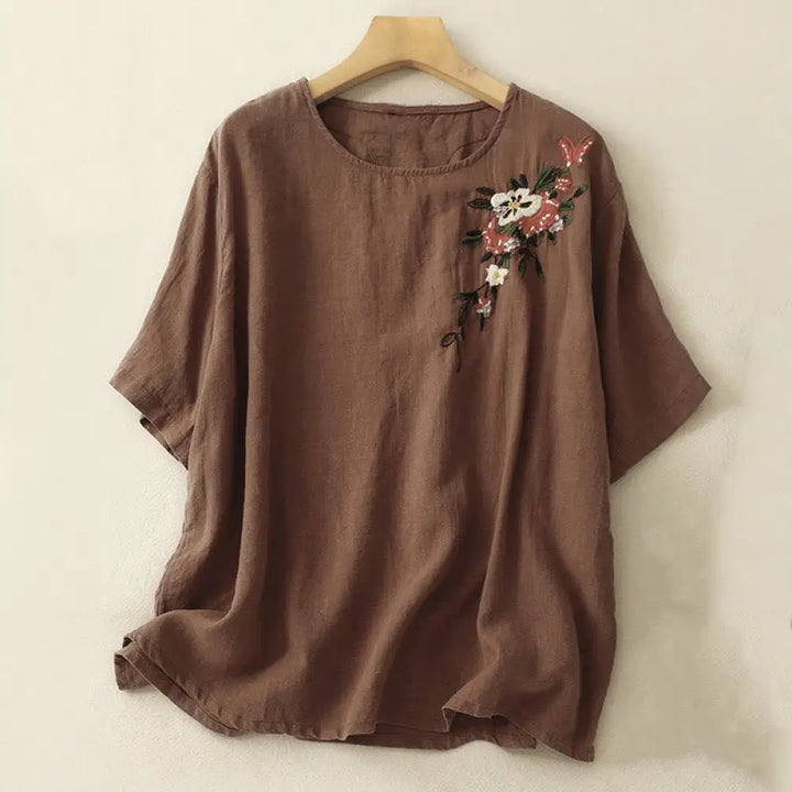 Buddha Stones Casual Summer Embroidered Crew Neck Women’s Cotton Short Sleeve T-shirt - SaddleBrown / US6，UK/AU10，EU38