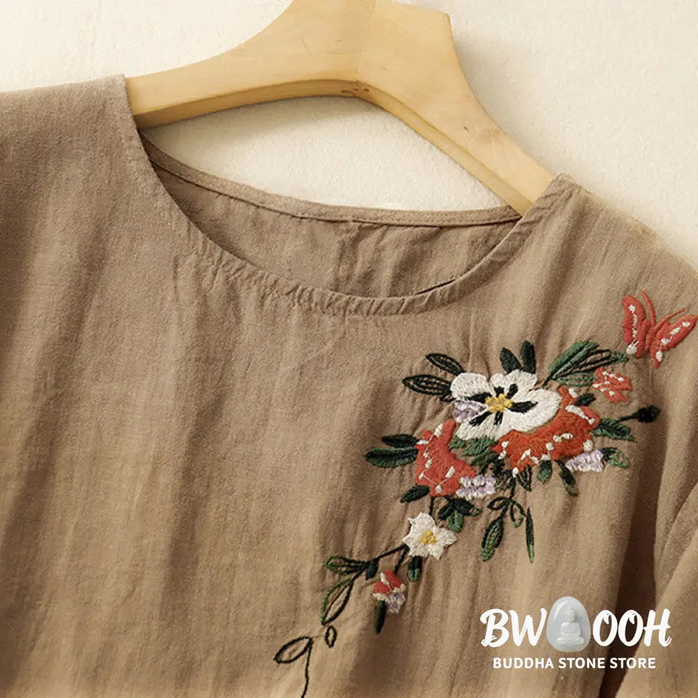Buddha Stones Casual Summer Embroidered Crew Neck Women’s Cotton Short Sleeve T-shirt - Women’s T-Shirts