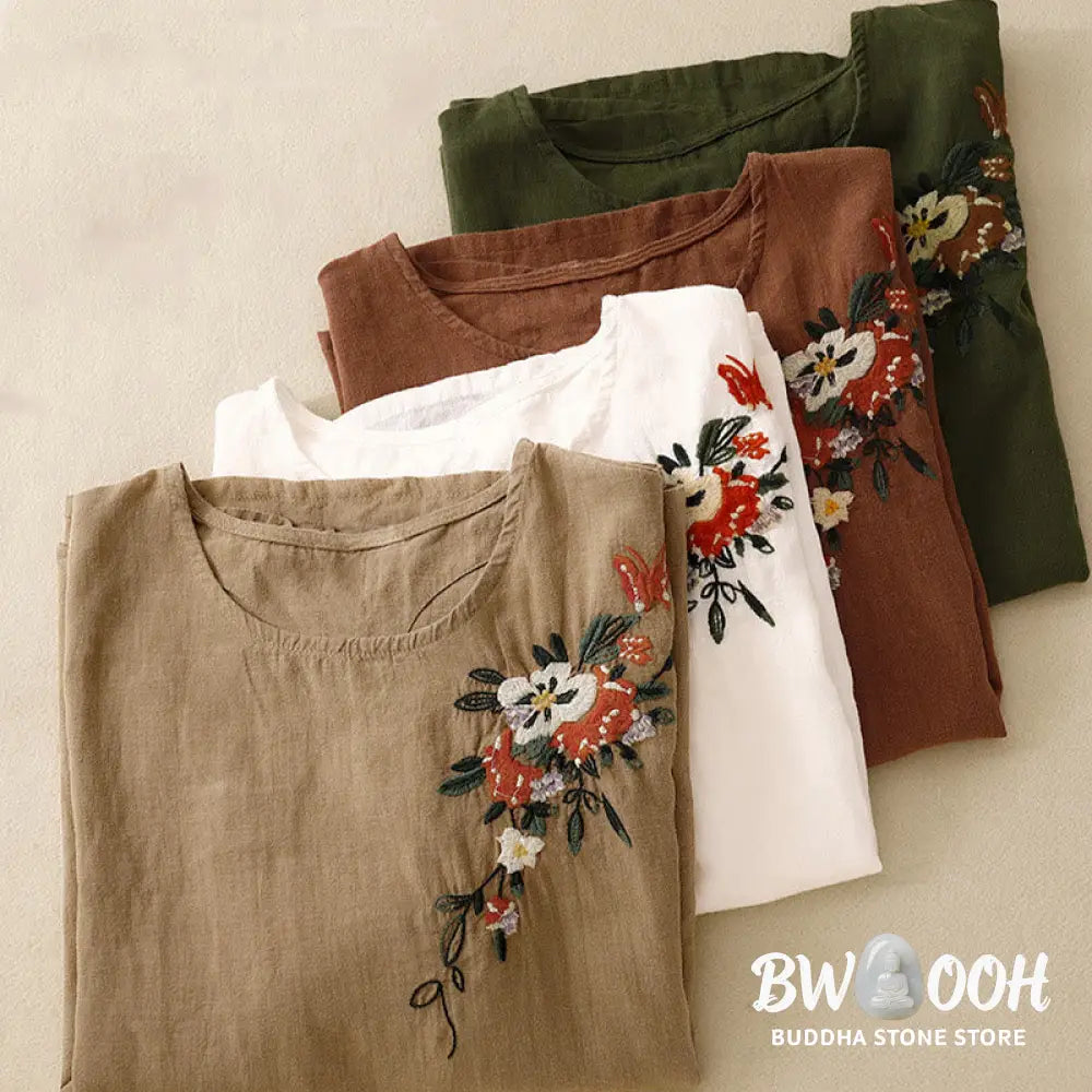 Buddha Stones Casual Summer Embroidered Crew Neck Women’s Cotton Short Sleeve T-shirt - Women’s T-Shirts